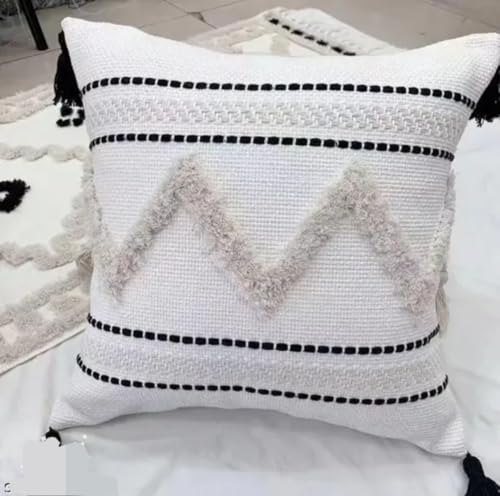 Boho Handmade Pillow Cover, White with Black Stripes, Tufted Geometric Pattern, Tassels, Woven Cotton