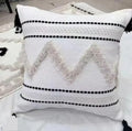 Boho Handmade Pillow Cover, White with Black Stripes, Tufted Geometric Pattern, Tassels, Woven Cotton