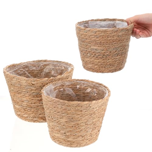 3 PCS Plant Baskets Indoor with Plastic Liner, Water Hyacinth Woven Planters Flower Basket, Planter Basket for Rustic Boho Home Farmhouse Floor Potted Pots Decor