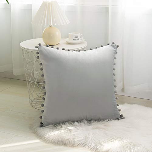 Elegant Comfort POM-POM Fringe Velvet Cushion Covers Set of 2, Velvet Soft Solid Decorative Square Throw Pillow Covers Set Cushion Case for Couch Bed, Livingroom 18 x 18 Inch (45 x 45 cm), Silver Grey - color: Silver Grey, size: 18" x 18" (Pack of 2)