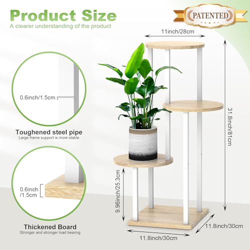 4 Tier Wood Tall Plant Stand Metal Rack Indoor, Multiple Flower Pot Holder Shelves Corner Rack, Round Planter Shelf Display Rack Storage Organizer for Patio Living Room Balcony(White+Oak) - color: White+Oak, size: 4 Tier