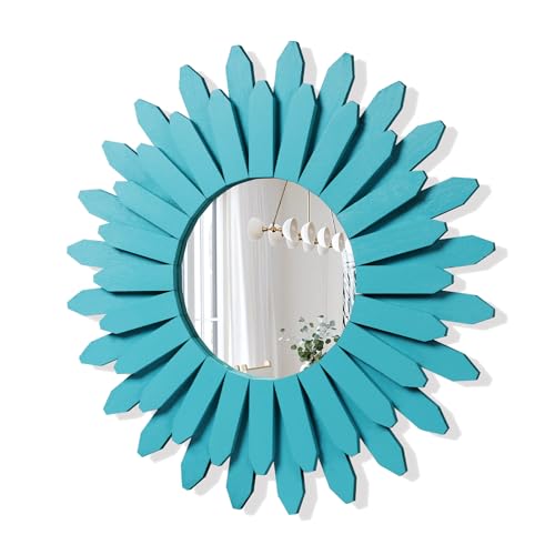 Honiway Beach Wall Decor Mirror 21 inch Wood Coastal Wall Decor Sunburst Boho Home Decor Room Decor for Bedroom Living Room Entryway Cyan - color: Cyan, size: 21 inch (1 pack)