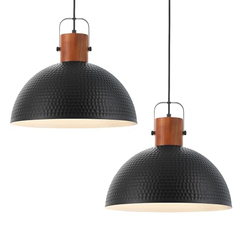 ELYONA 2 Pack Large Ash Wood Hammered Pendant Light Fixtures 16 Inch Metal Dome Ceiling Hanging Lamp, Industrial Kitchen Island Pendant Lighting for Farmhouse, Dining Room,Living Room, Black - color: Black - 2 Pack