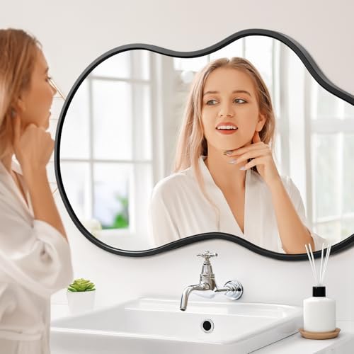 20”x 32” Irregular Wall Mirror, Black Bathroom Mirror, Modern Stylish Aluminum Metal Framed, Wall Mirrors Decorative for Living Room Bedroom Entryway (Horizontal/Vertical) - color: Black, size: 32"L x 20"W