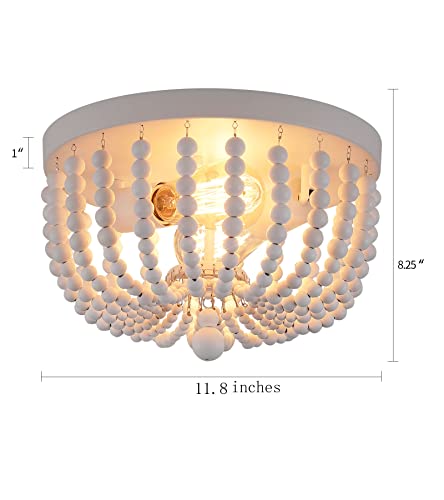 Q&S White Flush Mount Ceiling Light Fixtures,2-Lights Wood Beaded Boho Chandeliers for Nursery Baby Kid's Room Bedroom Dining Room Living Room Kitchen Hallway W11.81 - color: Ceiling-2WH