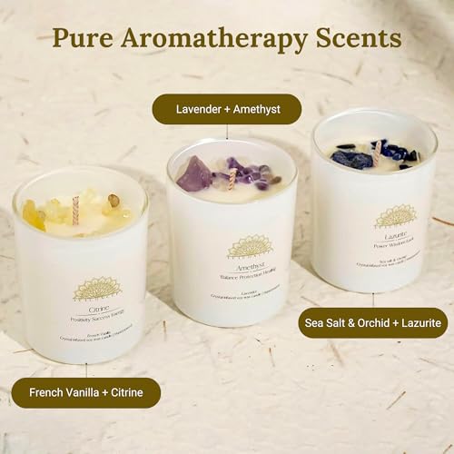 AvaConcept Healing Crystal Candle Gift Set – Set of 3 Citrine, Amethyst & Lazurite Hand-Poured Soy Wax French Vanilla, Lavender & Sea Salt Orchid Aromatherapy Scents 3.5oz Each | Premium Gift Box - size: 3.5oz, style: French Vanilla, Lavender & Sea Salt O