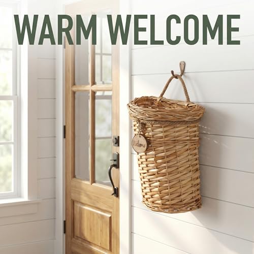 Hiceeden Wicker Hanging Wall Basket, Woven Front Door Flower Basket, Flat Hanging Storage Basket Wall Decor for Home, Garden, Pantry, Farmhouse - style: Country Rustic