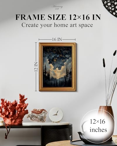 HUARCEY Gold Framed Canvas Wall Art, Celestial Stars Night Picture Decor, Living Room Bedroom Dark Landscape Nature Art, Sky Forest Vintage Canvas Paintings, 12x16inch - color: Celestial Stars Art, size: 16"L x 12"W