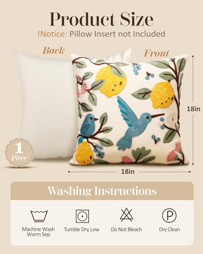 Embroidered Throw Pillow Cover 18x18 Inch - Spring Summer Boho Decorative Pillow Cover with Zipper for Living Room Couch Sofa Bed Aesthetic Design Bird Lemon Cushion Pillowcase - color: Bird Lemon, size: 18" x 18" (Pack of 1)
