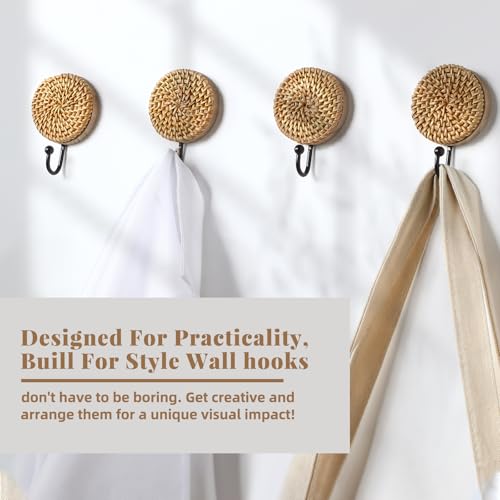 Colingmill 4 Pcs Boho Rattan Wall Towel Hooks Decorative Woven Hanging Holder Farmhouse Coat Rack Hooks Wood Coat Rack Wall Mount Vintage Decorative Hook for Hanging Coats(Round) - style: Round