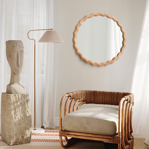 sawsile Circle Wood Mirrors for Wall, 24" Large Irregular Wavy Wood Modern Boho Vanity Farmhouse Mirrors for Bedroom Living Room Entryway Hallway Fireplace - size: 24"L x 24"W