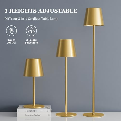 Kakanuo 20" Cordless Table Lamp Rechargeable Gold - 2 Pack 5000mAH Battery Operated Lamp for Counter, 3 Color Stepless Dimming Wireless Lamp for Dining Kitchen, Outdoor Patio, Touch Control - color: Gold 1, size: 2 Pack 20in - Down Light