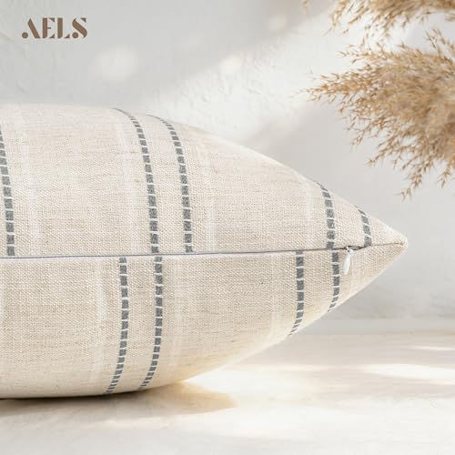 AELS 16x16 Decorative Farmhouse Linen Blend Throw Pillow Covers, Boho Textured Pillow Case, Set of 2, Beige with White & Gray Stitch Yarn Dyed Stripe Cushion Cover for Sofa Living Room (Cover ONLY) - color: Beige With White & Gray, size: 16" x 16" (Pack o