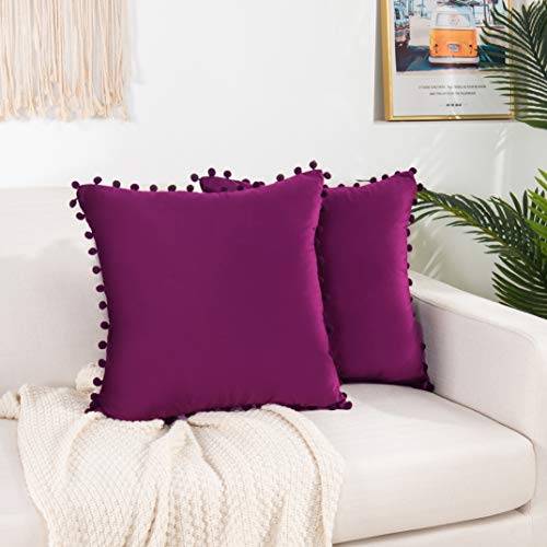 Elegant Comfort POM-POMS Fringe Velvet Cushion Covers Set of 2, Velvet Soft Solid Decorative Square Throw Pillow Covers Set Cushion Case for Couch Bed, Livingroom 18 x 18 Inch (45 x 45 cm), Purple - color: Eggplant/Purple, size: 18" x 18" (Pack of 2)