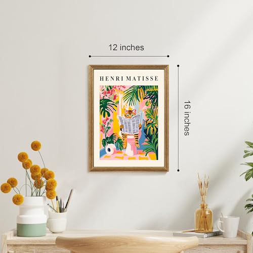 ICHZUMW Funny Tabby Cat Bathroom Wall Art, Framed Colorful Matisse Canvas Print Painting Artwork, Quirky Animal Reading Picture, Girly Pink Dopamine Wall Decor, Restroom Powder Room Bedroom, 12x16in - color: Matisse Reader, size: 16"L x 12"W