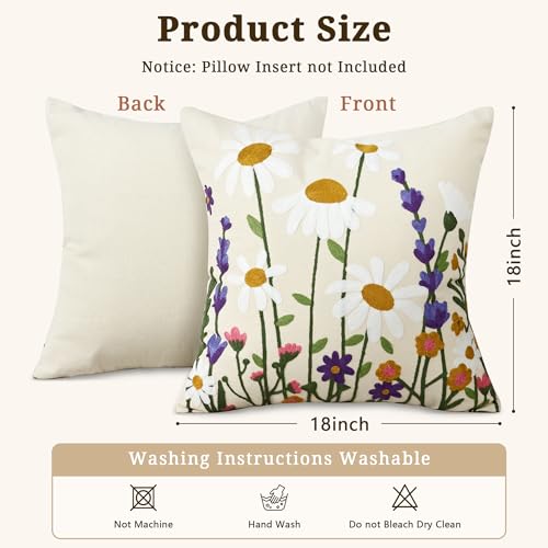 Floral Embroidered Decorative Throw Pillow Covers 18x 18 Inch Set of 1, Boho Spring Farmhouse White Daisy Flowers Patterned Canvas Cushion case for Couch Sofa Bed Living Room Home Decor - color: Falling Petals