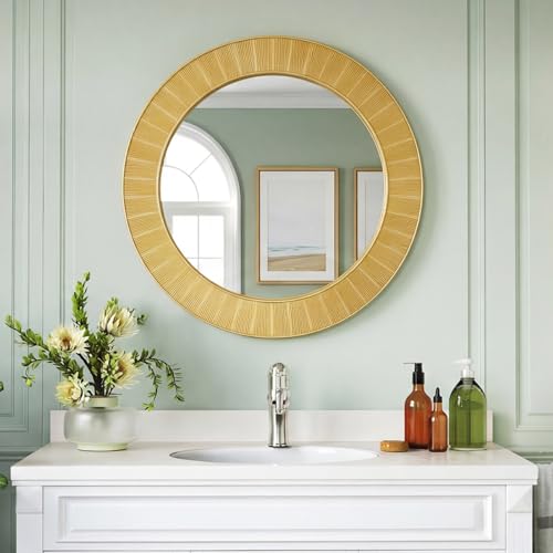 Gold Round Wall Mirror - 31 Inch Large Gold Circle Wall Decorative Mirrors for Decor, Modern Art Accent Mirror with Golden Carved Framed for Living Room, Dining Room, Entryway, Bedroom - color: Round-gold