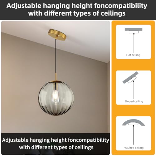 Modern Smoke Grey Glass Pendant Light, Kitchen Island Lighting 2-Pack Globe Pendant Light Fixtures Century Kitchen Island Pendant Lighting for Bedroom Living Dining Room Light Fixture (Without Bulb) - color: BW-Smoky Gray-1 Light-2PC