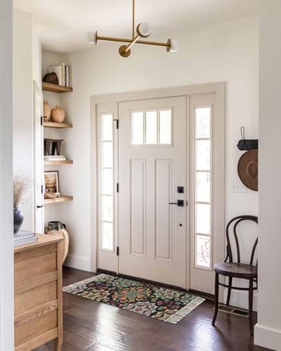Black Boho Kitchen Runner Rug 2' x 4', Ethnic Country Colorful Abstract Floral Motifs Washable Rug with Tassels, Non Slip Woven Cotton Bathroom Rugs Hallway Carpet for Foyer Bedroom Entry Back Door - color: Multicolor Black, size: 2' x 4' (Rectangular)