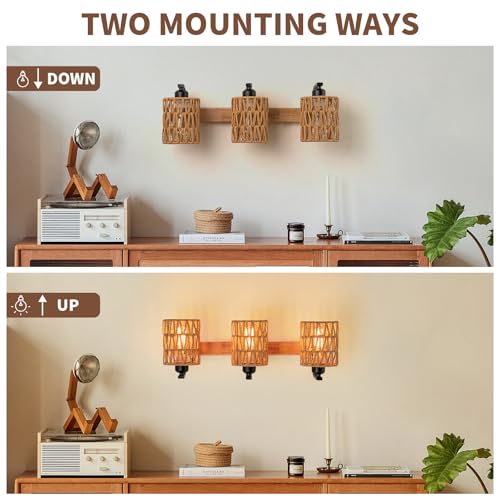 Boho Vanity Light Fixtures,Bathroom Lights Over Mirror,Rustic Rattan Wall Sconce with Woven Cage,3-Light Boho Wall Mounted Light Wooden Farmhouse Vanity Lighting for Bedroom Hallway Living Room Foyer - color: Cylinder shade
