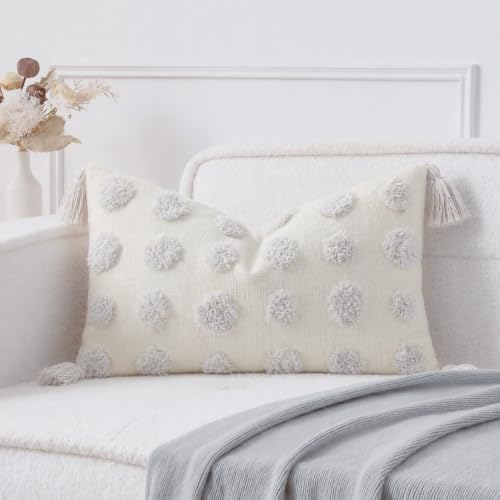 PANOD Super Soft Farmhouse Decorative Plush Throw Pillow Covers 12 x 20 White,Solid Pom pom Tufted with Tassels Modern Accent Boho Lumbar Cushion Cover Pillow Case for Couch Sofa - color: White, size: 20" x 12" (Pack of 1)