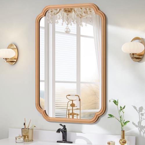 Ferytange Wood Bathroom Mirror for Wall Mounted, 24" x 36" Rustic Bathroom Mirror for Over Sink with Wood Frame Farmhouse Rounded Corner Rectangle Mirror Decorative(Natural Color) - color: Natural Wood, size: 36"L x 24"W