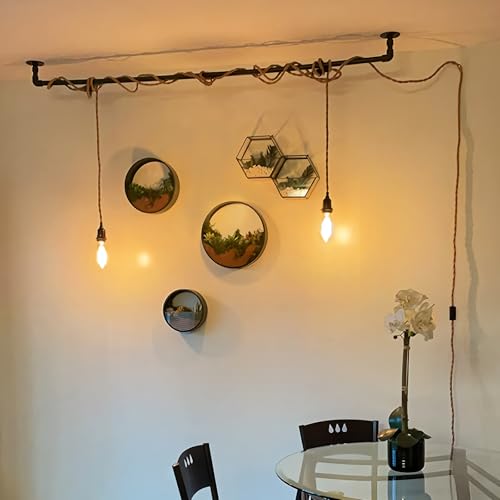 2-Light Plug in Pendant Light Cord 19.68ft Hemp Rope Pendant Lights with Plug in Cord E26 Vintage Hanging Lamp Fixtures DIY for Kitchen Island Dining Room, Bulbs NOT Included - color: 1-Pack 2-Light Hemp Rope Black