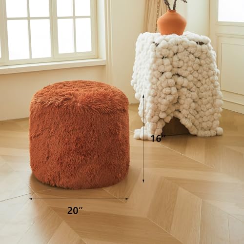 XeGe Fluffy Faux Fur Inflatable Pouf Ottoman, Soft Fuzzy Foot Stool, Plush Furry Foot Rest Floor Pouf Anti-Slip for Kids Girls Adult, Cute Foldable Round Ottoman Cushion Living Room, Burnt Orange - color: Burnt Orange, size: 20"x20"x16"
