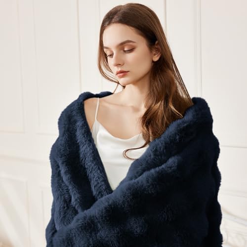 Faux Rabbit Fur Throw Blanket for Couch, Fluffy Warm Plush Thick Bubble Blanket for Bed Sofa Living Room, Soft Cozy Furry Blanket, 50x60 inches, Navy Blue - color: Navy Blue, size: Throw50"x60"