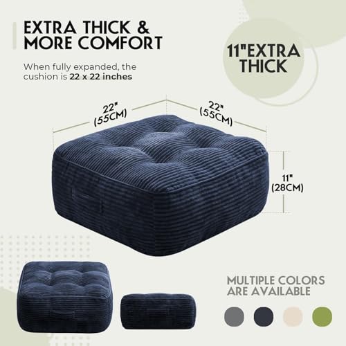 11In Washable Floor Pillow for Adults, Yoga & Meditation Cushion with Handle, Square Large Pillows Seating with Removable Tufted Corduroy Cover for Tatami Living Room Board Games (Blue) - color: Blue