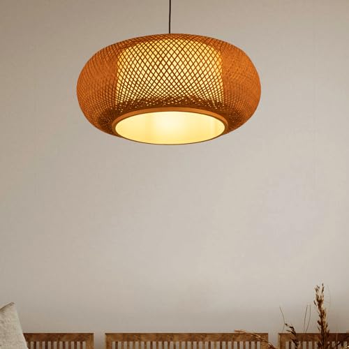 Rattan Lantern Pendant Light, 23.5" Retro Ceiling Light 40W Bamboo Wicker Fixture 60CM Vintage Weaving Pendant Lamp Chandelier Rattan Hanging Lights Fixture for Kitchen Island Living Room Bedroom