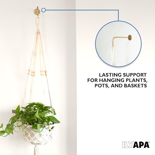 Ilyapa 4 Pack Metal Plant Wall Hanger Hooks - 7 in. Hook for Hanging, Baskets, and Macrame, Indoor Hangers in Rustic Brass Finish, Wall Planters