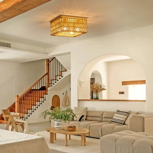 Rpzloila Rattan Ceiling Light, 4-Light Boho Light Fixture, Square Flush Mount Ceiling Light for Bedroom, Hallway, Entryway, Kitchen, Living Room - color: Gold, size: 4-Light-Square