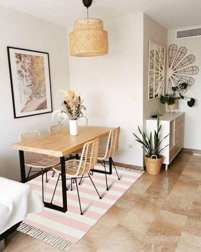 Pink Stripes Bathroom Rug 2'x3', Woven Cotton Area Rug with Tassels Washable Front Door Rugs, Farmhouse White Simple Vertical Striped Non Slip Throw Runner Rug Carpet for Entry Laundry Kitchen - color: Pink, size: 2 x 3 ft