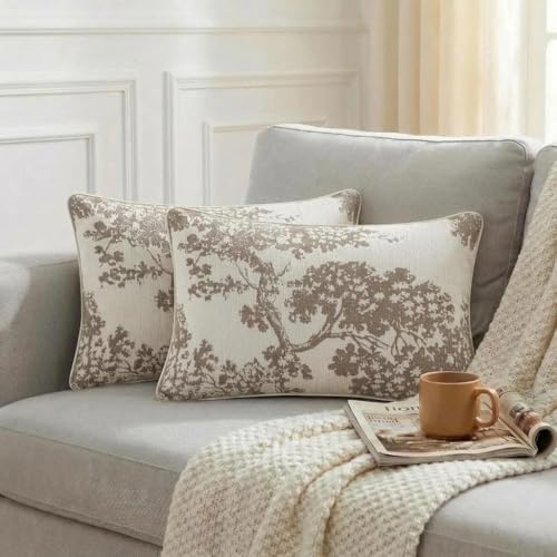Mantle & Mason Floral 12x20 Lumbar Pillow Covers Set of 2, French Vintage Woven Jacquard Decorative Accent Pillow Cases for Couch, 430GSM Thick Chenille & Luxury Velvet, Beige - color: Tree Pattern Beige, size: 20" x 12" (Pack of 2)