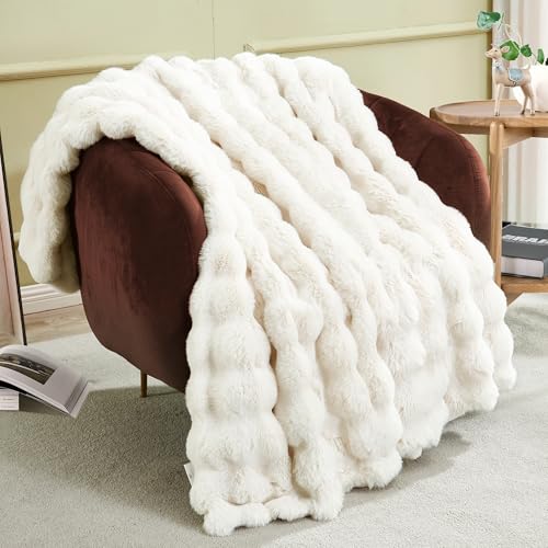 JONIYEAR Soft Fuzzy Bubble Faux Rabbit Fur Throw Blanket for Couch Chair 50" x 60", Reversible Textured Thick Warm Fluffy Blanket for Winter, Luxury Cozy Puffy Shaggy Comfy Furry Blankets, Cream White - color: Cream White - 900gsm, size: Travel/Throw Size