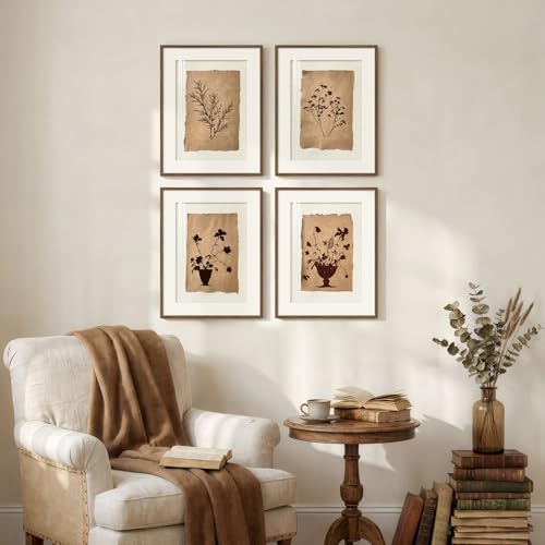 Framed Vintage Botanical Wall Art for Bedroom, 4 Piece Floral Brown Farmhouse Bathroom Picture Prints, Neutral Rustic Minimalist Botanical Artwork for Dining Room Fireplace Apartment Walls, 11x14 In - color: Brown and White, size: 11" W x 14" H x 4pcs