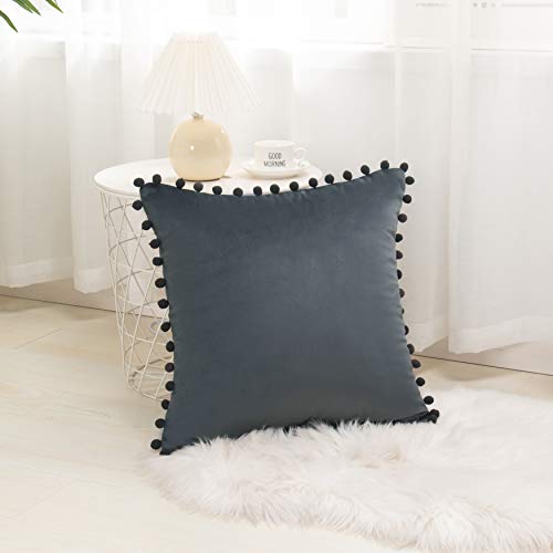 Elegant Comfort POM-POMS Fringe Velvet Cushion Covers Set of 2, Velvet Soft Solid Decorative Square Throw Pillow Covers Set Cushion Case for Couch Bed, Livingroom 18 x 18 Inch (45 x 45 cm), Gray - color: Gray, size: 18" x 18" (Pack of 2)