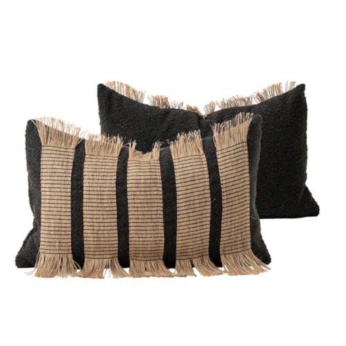 MOCOFO Handwoven Jute Cotton Striped Pillow Covers, Wabi Sabi Boho Farmhouse Decorative Throw Cushion Cover with Fringe(Cover Only) (Black/Natural, 12x20) - color: Black/Natural, size: 20" x 12" (Pack of 1)