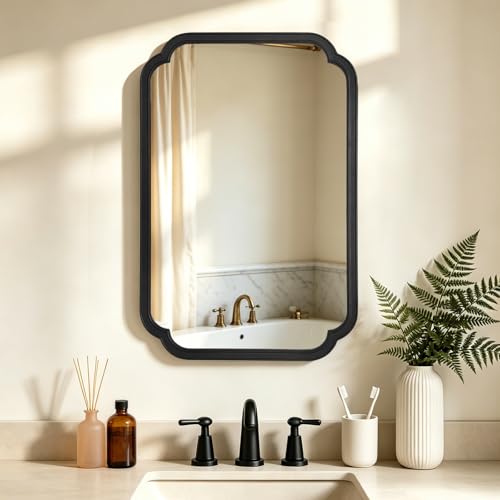 HOMECOOKIN Wood Bathroom Mirror for Wall Decor Arched Rounded Corner Rustic Wood Frame Wall Mirror Home Decorative for Vanity, Living Room, Bedroom, Entryway (24 x 36 inch, Black) - color: Black, size: 36"L x 24"W