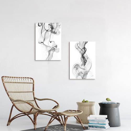ArtSquare Abstract Canvas Wall Art: 2 Pieces Black and White Minimalist Painting Modern Ink Smoke Picture for Bedroom - color: black and white, size: 11”x16”x2
