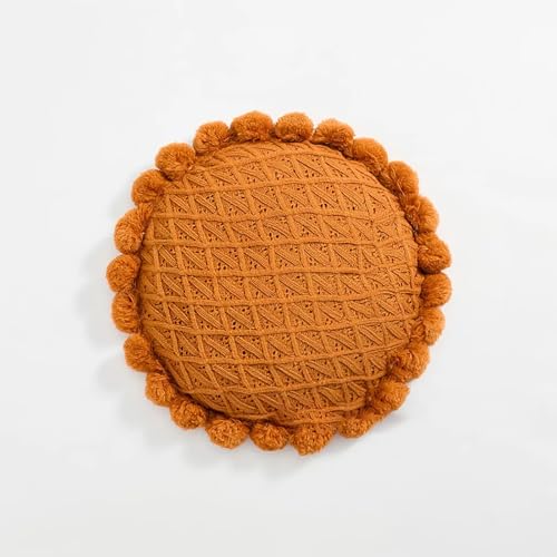Byitre Bohemian Round Pillow 20 Inch | 100% Cotton Decorative Pillow Hand Tufted with Chunky Textured Poms | Boho Throw Pillow for Bed or Couch | Natural Orange Throw Pillow - color: Lattice Orange