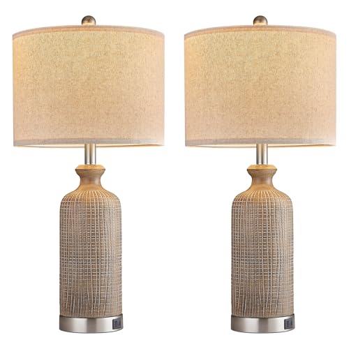 Living Room Lamps Set of 2, 27" Touch Lamps for Nightstand with USB A+C Ports, Modern Farmhouse Table Lamps for Bedroom, Wood Grain, Ceramic - color: Wood Grain