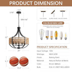 20" Rattan Farmhouse Chandelier Light Fixtures,5-Light Rustic Rattan Pendant Lighting with Woven Wicker Shade Boho Black Hanging Ceiling Light for Dining Room Living Room Kitchen Island Bedroom - color: V-Weave Round Rattan, size: 5 light 20 inches