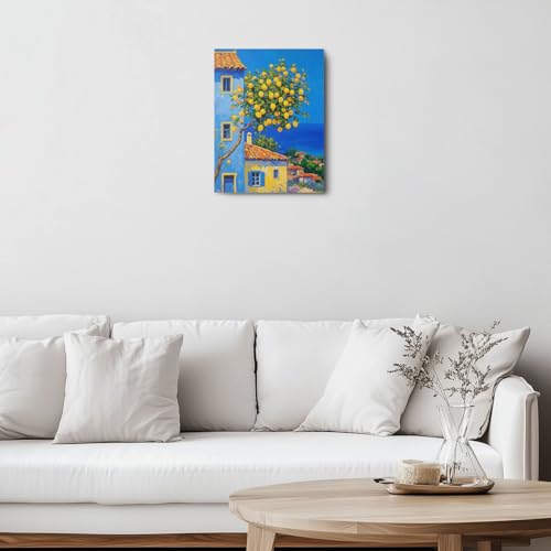 Italy City Wall Art, Coastal Landscape Watercolor Painting Italy Lemon Canvas Framed Prints Modern Decorations Summer Aesthetic Poster for Living Room Entryway Farmhouse Dining Room 11.5x15 Inch - color: Multi 1383