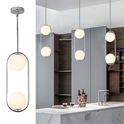 SeeU Chrome Pendant Lighting Mid Century Pendant Light Fixture Hanging Lighting Fixture with White Globe Glass Lampshade Pendant Chandelier for Kitchen Island Dining Room Bedroom - color: Chrome