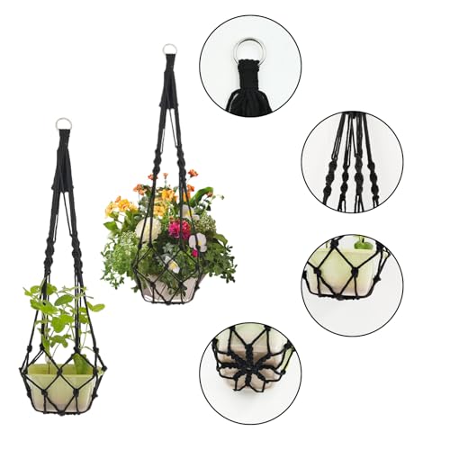 Boho Black Macrame Plant Hangers Set of 2 - Hanging Planter with Patterns, Handmade Cotton Rope Hanging Baskets for Indoor Outdoor Plants, Bohemian Home Wall Decor Art - color: B Black