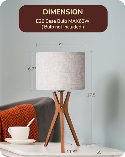 EDISHINE Mid Century Table Lamp, 17.5" Tripod Bedside Lamp with Deep Wood Color Light Base & Beige Linen Lampshade, Nightstand Lamp for Bedroom, Living Room, Reading Room, E26 Base - color: Dark Wood