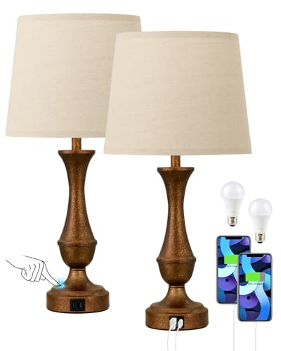 Seealle Upgraded Touch Lamps for Night Stands Set of 2 - Bedside Lamps with USB C+A, 3 Way Dimmable for Bedroom Living Room End Tables Office (Brown&Oat) - color: L. Oat Shade & Brown Base, size: Medium（22 In）