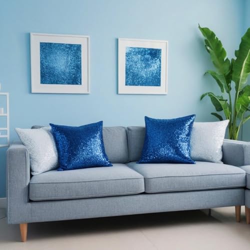 ShinyBeauty Blue Throw Pillows Cover for Couch, Sequin Pillow Case 24"X24" Set of 2, Royal-Blue Cushion Covers Throw Pillow Cases for Sofa,Bed,Home Decorations - color: Royal Blue, size: 24" x 24" (Pack of 2)
